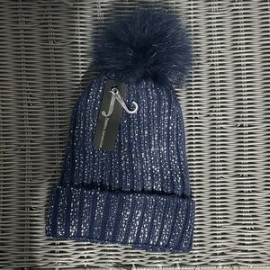 Stylish Navy with Silver Knit Beanie with Pom-Pom